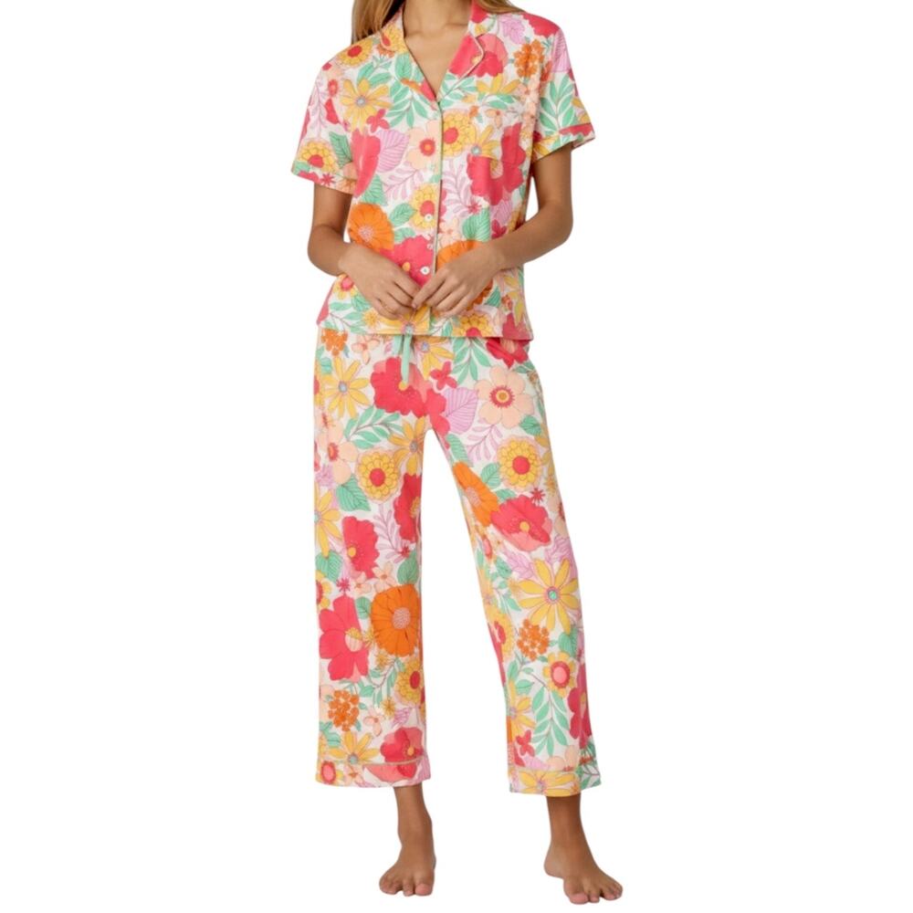 PJ Salvage Whimsy Floral Cropped Pajama Set M 70s Retro Mod Cottagecore 2pc PJs